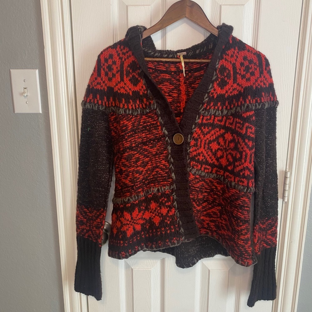 Free People Red Black Fair Isle Hooded Cardigan Wool Blend Sweater Medium